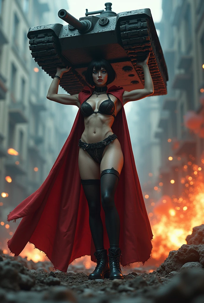 Beautiful and sexy undead gothic vampire girl with short dark hair and blue eyes, Big big butts, super muscular ,  Super strong and huge short red cape lingerie , Waders, BBW in stockings lifts a giant tank over her head laughing as explosive grenades are fired at her that explode off her steel body and bullets bounce off crushed and melted 