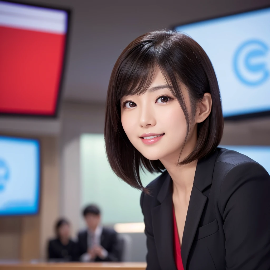 Professional headshot of a Japanese female news anchor in her 20s。 Slight asymmetry、Oval Face、Bright almond-shaped eyes、Small Nose、Dazzling smile and plump lips、Shiny black shoulder-length hair、Wearing a red blazer、Sitting at the news desk。