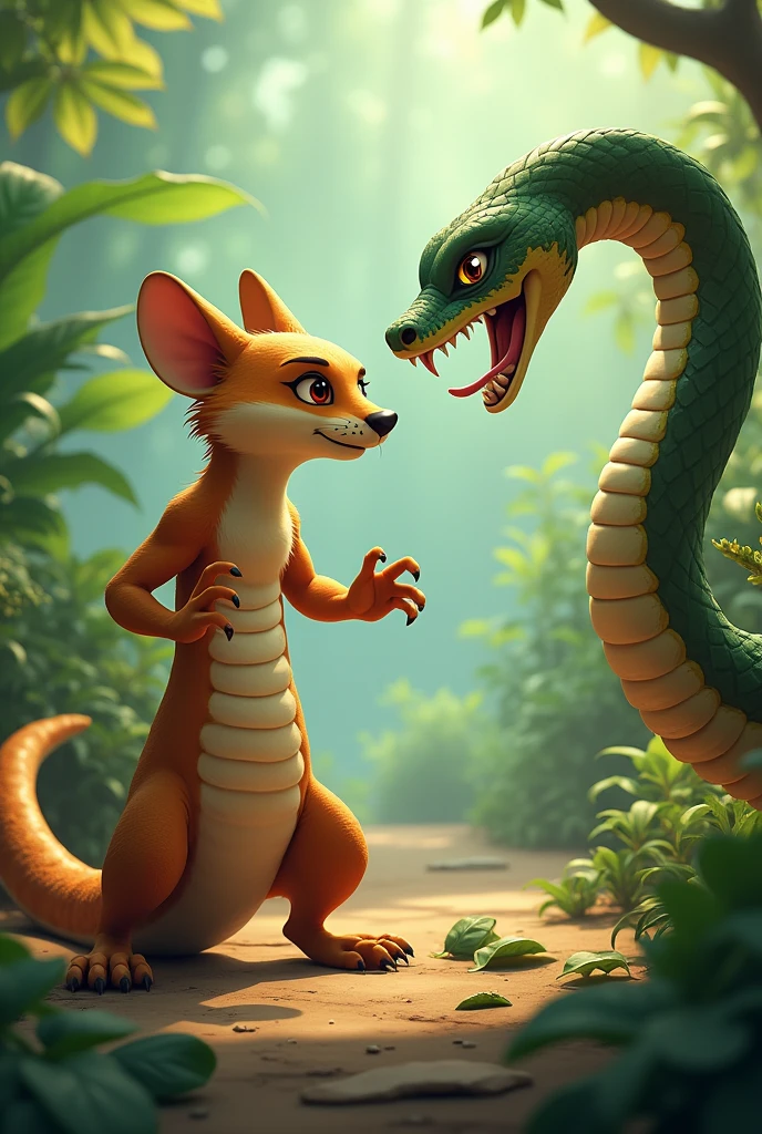 I want a mongoose fighting a snake in realistic cartoon style


