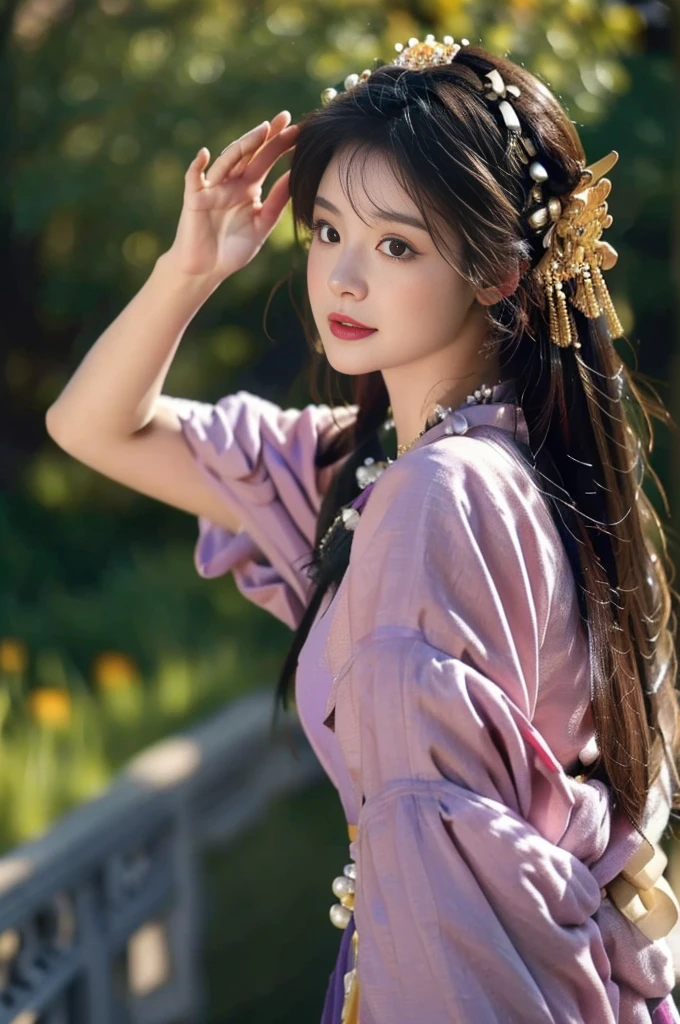 Best quality,masterpiece,超high resolution,(Photo-real:1.4),8K, RAW photos, high resolution, (((1 Girl, bust))), solo, Ancient Chinese Hanfu, Beautiful pattern, Embroidered clothing, Beautiful eye details, Long eyelashes, RAW photos, Facing the audience, Close-up shot, ((( Landscape background))), Upper part of the body, Smile, Beautiful hairstyle, Hair accessories, bead, Jewelry, ((No Action))
