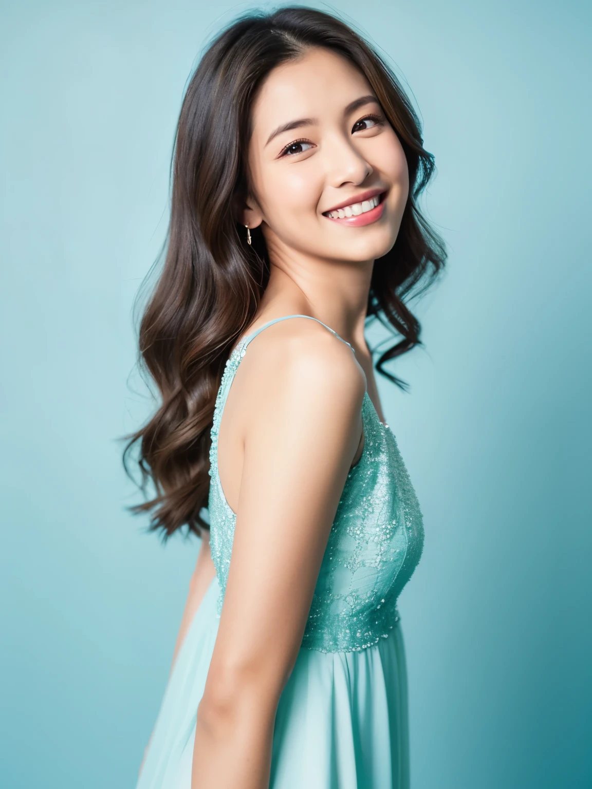 arafed woman leaning against a wall with a smile on her face, in front of white back drop, photoshoot portrait, portrait photo of a backdrop, light blue dress portrait, mid shot portrait, pokimane, taken with canon eos 5 d mark iv, a young asian woman, head and shoulders photography, photoshoot, cindy avelino, 60mm portrait