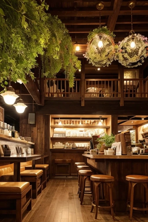 Western style、Retro Pure Cafe、 Retreat、Like a secret base、quietly、Foliage plant、Antique interior with rounded wood、calm down、A warm space、A relaxing space、Natural environment、Dried flowers hanging、The only man-made thing is the coffee shop、Antique lighting、There is no modern machinery、Only antique machines、nostalgic、There are no people、Nostalgic、