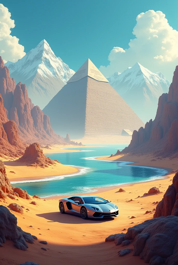 A desert a ocen a river a pirmaid a Himalayas a car ocean