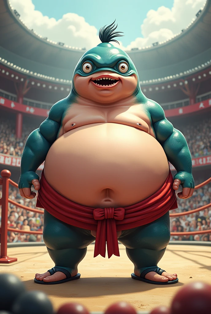 Fat cartoon tunafish dressed like WWE wrestler yokozuna
Fat cartoon tunafish fish body. Cartoon tunafish fish head. Cartoon tunafish fish face. Cartoon tunafish fish arms. Cartoon tunafish hands.
Fat sumo. Bulky. Shirtless.
Red pants. Black Mawashi. Black sandals.
Black man bun hairstyle.
Standing in a wrestling ring.