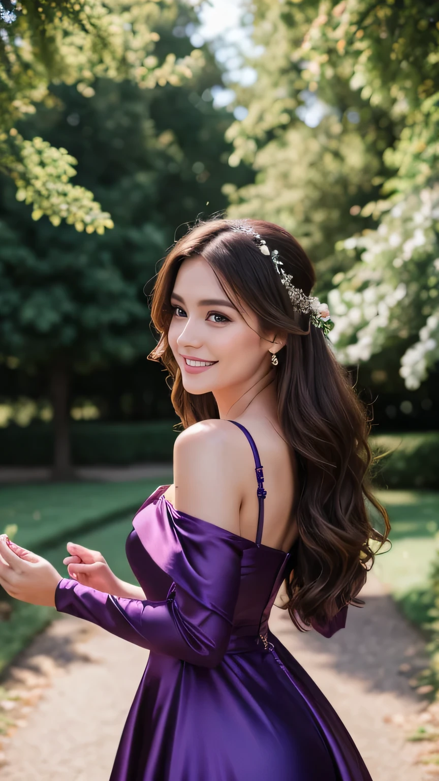 Realistic full body photo of a smiling, Young brunette woman with long hair, She dances in front of the camera in a long A-line bridesmaid dress with off-shoulder straps made of shiny purple satin., Park,glamour fotoshooting, Wedding celebration, perfect anatomy, perfect brown eyes. Perfect hands with 5 fingers on each hand, Matching girl, look into the camera, 1 Frau. (Eye make up:1.1), (highly detailed skin:1.1), spirit, analog style, keen focus, 8K  UHD, dslr, good quality, Fujifilm XT3, Grain, Award-winning, ​masterpiece. Wedding celebration