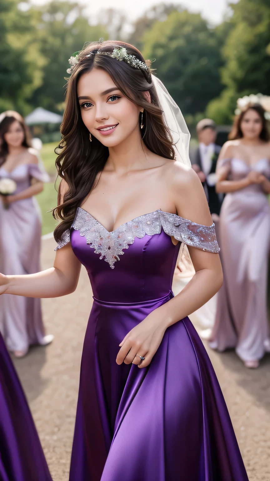 Realistic full body photo of a smiling, Young brunette woman with long hair, She dances in front of the camera in a long A-line bridesmaid dress with off-shoulder straps made of shiny purple satin., Park,glamour fotoshooting, Wedding celebration, perfect anatomy, perfect brown eyes. Perfect hands with 5 fingers on each hand, Matching girl, look into the camera, 1 Frau. (Eye make up:1.1), (highly detailed skin:1.1), spirit, analog style, keen focus, 8K  UHD, dslr, good quality, Fujifilm XT3, Grain, Award-winning, ​masterpiece. Wedding celebration