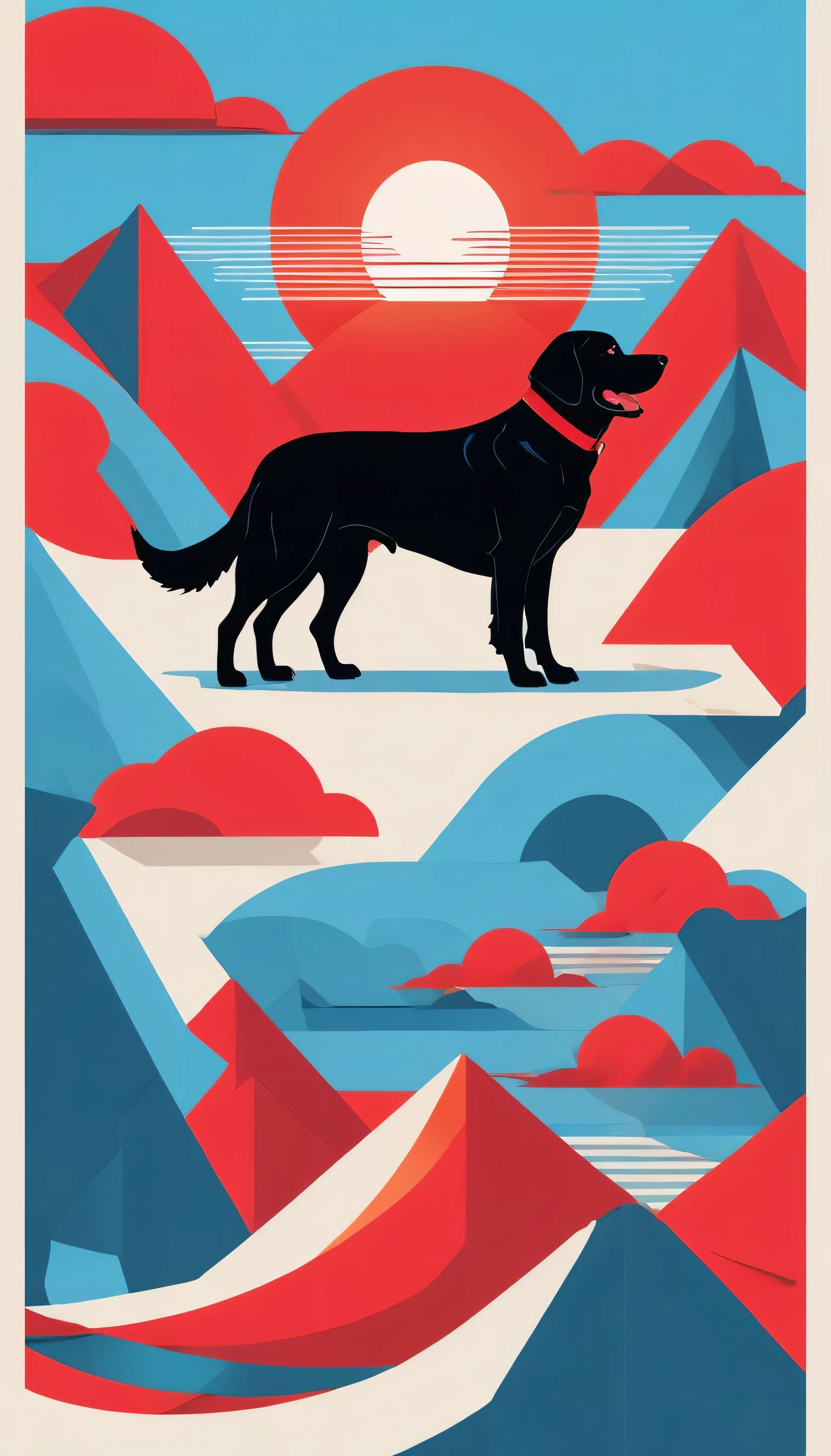 Dog in the style of sky-blue and red, hip hop aesthetics, bold, graphic shapes, sun-soaked colours, neo-geo, light black and red
