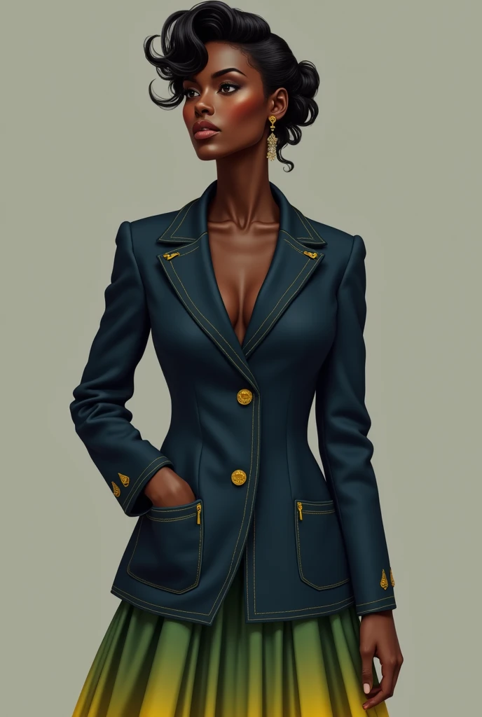 Female body and black skin. Navy blue blazer with yellow details on the collar and pockets. Short flared skirt with green and yellow gradient. elegant set