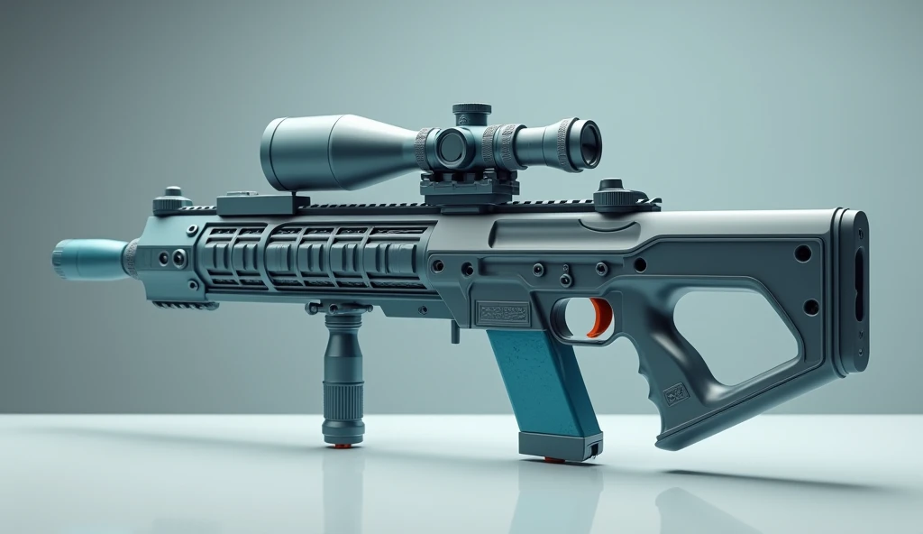 Mini double water gun toy，Integrated rifle mount，Simple surface pattern，Transparent magazine and scope recessed，(Similar structure to M416)，(Double muzzle:1.3)，Smooth lines，Plastic material，Three-color Morandi color matching，high quality，Professional Product Photography，Table background，3d, OC Rendering，8K，