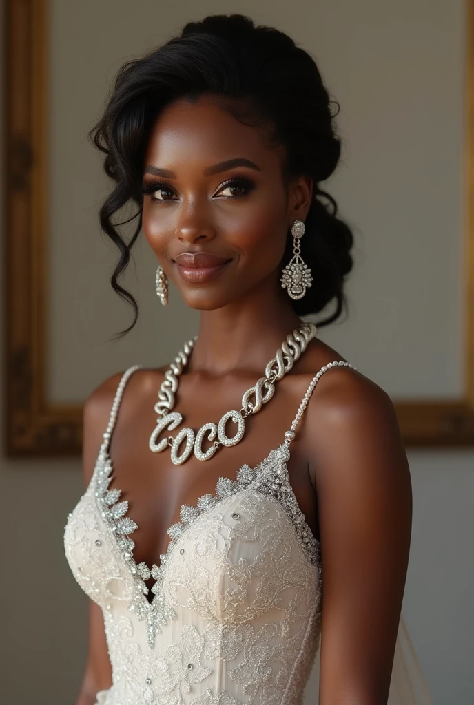 (photorealism:1.2), A realistic beautiful black woman, wearing a wedding dress, with a iced out chain with the words on it COCO