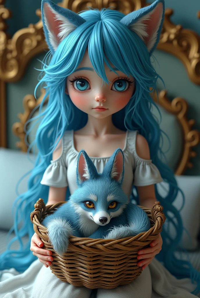blue haired blue eyed girl
There is a beautiful fox inside an old basket.
in a beautiful bed
style 3D