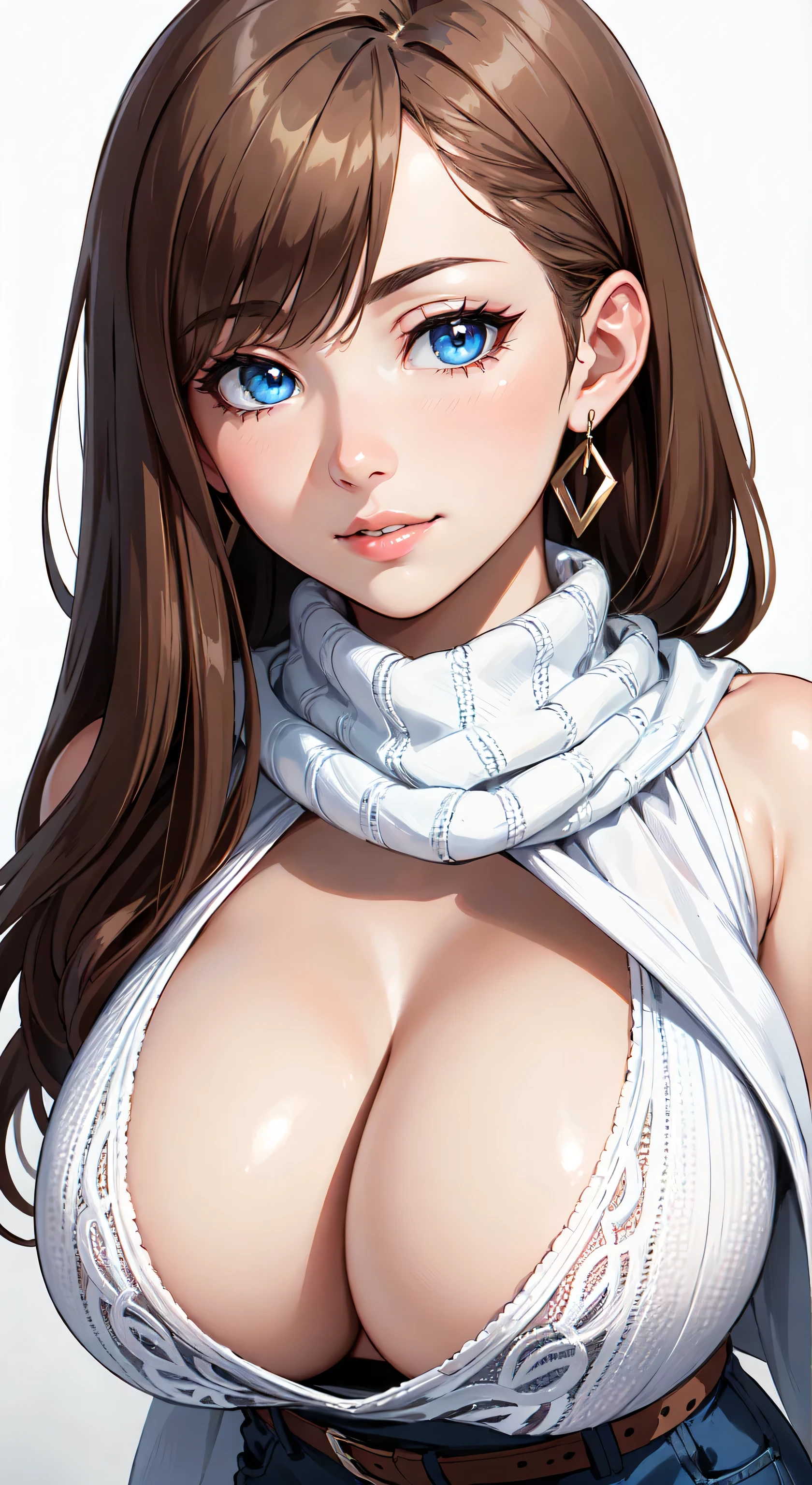 blue eyes with slit pupils, (highest quality, masterpiece painting:1.3), immature woman, , (half body shot), masterpiece, ultra high resolution, (Photoreal:1.0), ((light brown hair)),straight hair, beautiful shining hair, white and shining skin, ((Ultra realistic details)), octane rendering, highly detailed face, (big breasts:0.8), (make a heart with hands), Blanket Scarf Wrap, A large, cozy blanket scarf in a plaid or checkered pattern, Wrap it around your neck or drape it over your shoulders for warmth, Style with a chunky knit sweater, skinny jeans, and knee-high riding boots for a cozy winter look, open neckline, cleavage, perfect body, soft skin, White cherry blossom embroidery pattern, silver earrings, (pure white background:1.4), sharp focus, intricate details, professional artwork, (bright colors:1.1), bright colors, diffused lighting, digital blending, ultra-definition body, ultra detail hair, super detailed face, trending on pixiv, top button open, Cute gaze, compensate, perfect lips, perfect compensate, Ultra-precision coating, (light_smile:0.8), ((Large breasts)) ((Super big boobs))