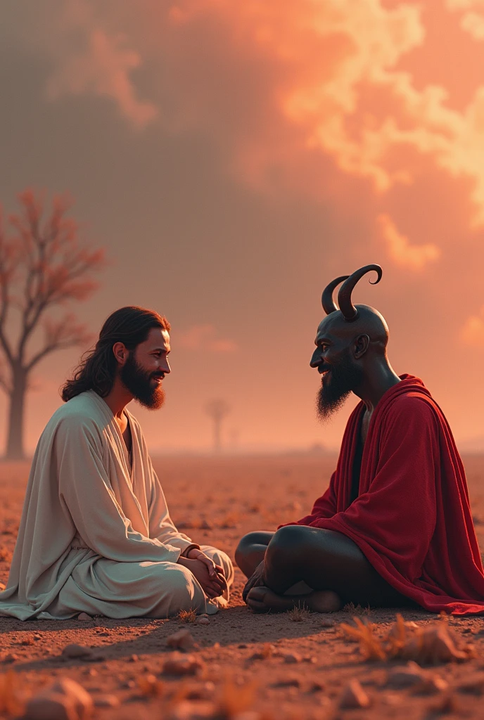 "Create a hyper-HD, ultra-realistic 36k resolution image. The scene should feature a natural landscape with completely empty ground, no trees or plants. In the middle of this barren land, Jesus and the devil are seated. Jesus is looking forward with a gentle smile, radiating peace and kindness, while the devil sits opposite him with a mischievous but cute smile. Use vibrant and deep colors throughout the scene to make the atmosphere even more impactful."