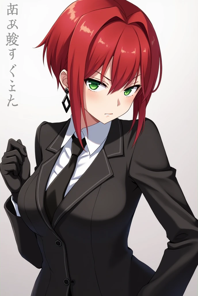 (masterpiece, Best Quality:1.2), Bazett, fgo, 1 girl, Alone, short hair, Red hair, hits, green eyes,  big breasts, black gloves, Suit, tie, jacket, Upper part of the body, anime earrings
