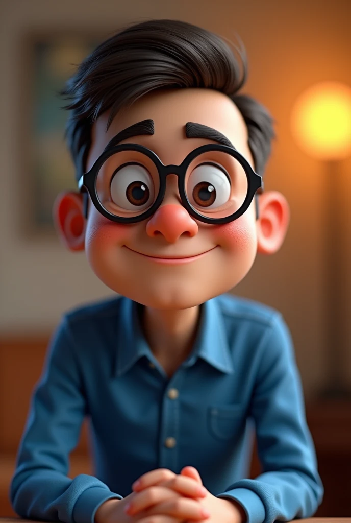 Cartoon character of a man in black glasses and blue shirt, an animated character, stylized character, animation style rendering, 3d stylized, Arnold Maya rendering, Stylized 3D rendering, toon render screenshot, 3d character, 3d character, Stylized 3D rendering, 3D character rendering, cartoon character, Personagem de close up, character posing, (Pixar-style) (master part:1.2) (bokeh) (best qualityer) (skin detailed) (detailed texture) (8k) (Argilla) (cinematic lighting) (sharp focus,Sit down and lift your upper body