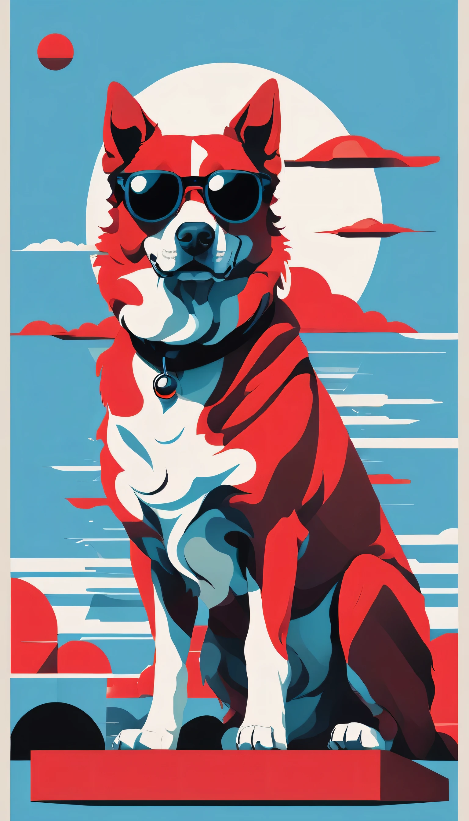 Dog in the style of sky-blue and red, hip hop aesthetics, bold, graphic shapes, sun-soaked colours, neo-geo, light black and red 