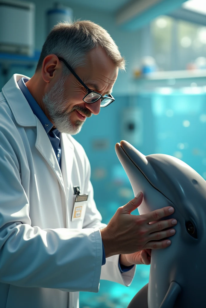 Male marine biologist with glasses taking care of a dolphin
