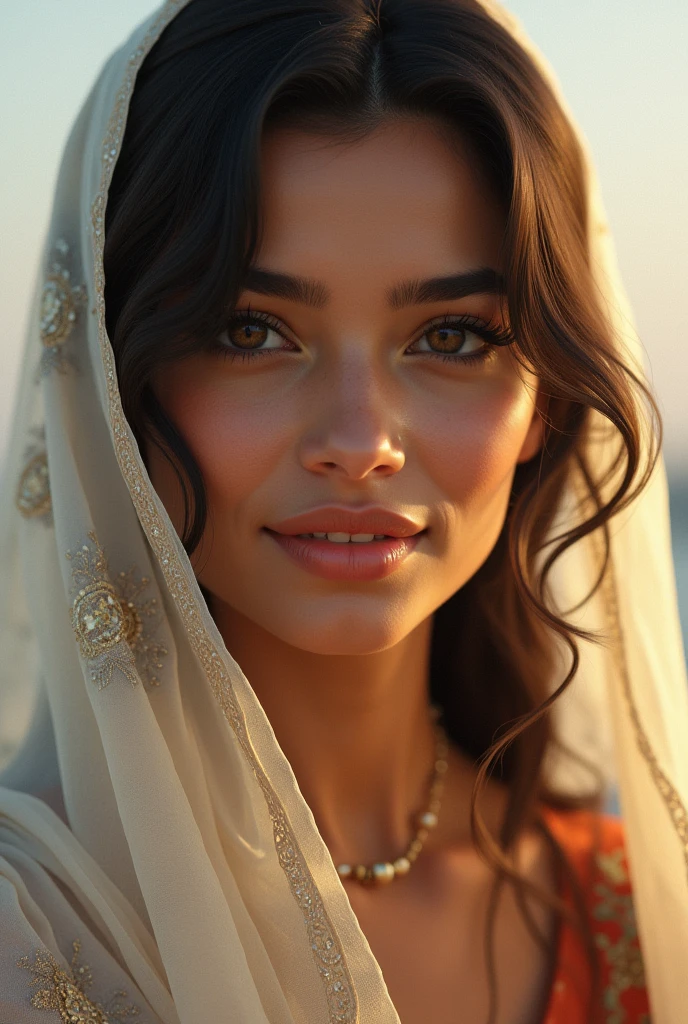 Draw a picture very beautiful and simple indian female when I'm looking her I'm fell in love with her. Having duppatta on her head and she is smiling romantically