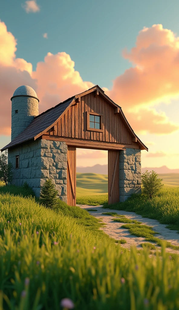 Draw a large stone at the entrance to a farm barn. The farm should be picturesque and detailed, with green fields and a sunrise sky with soft orange and pink tones, in a 3D animated style.