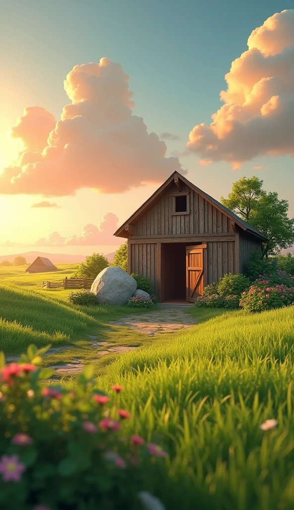 Draw a large stone at the entrance to a farm barn. The farm should be picturesque and detailed, with green fields and a sunrise sky with soft orange and pink tones, in a 3D animated style.