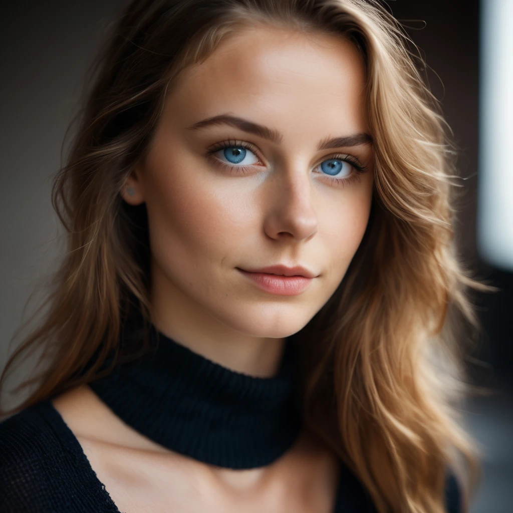 detailed and realistic close up portrait of 1girl, 1, blue colored eyes, rot_body hair, far away_body hair, closed up_gura, lips, ssmile, far away_body hair, gazing_phi_viewer, wearing a black swephier, high collar, shot outside, soft nphiural lighting, portrait photography, magic photography, dramphiic lighting, Photographic realism, ultra detali, intimphie portrait composition, Leica 50mm, F1. 4