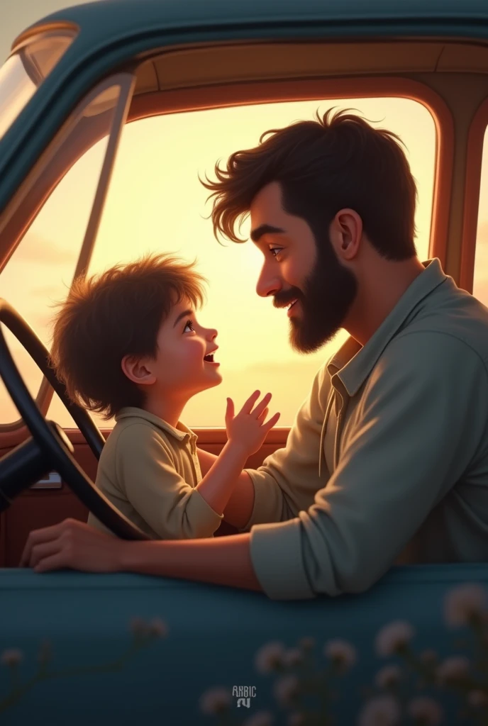 Dad and kid inside a car