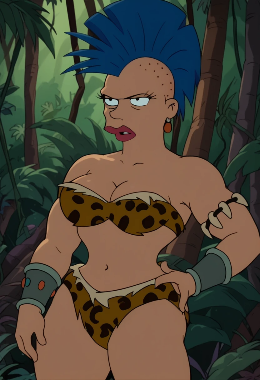 Score_9_up, score_8_up, score_7_up, BREAK amazonianfu, 1girl, solo, blue hair, mohawk, earrings, leopard print bikini, cleavage, wristband, bone armband, hand on hip, jungle