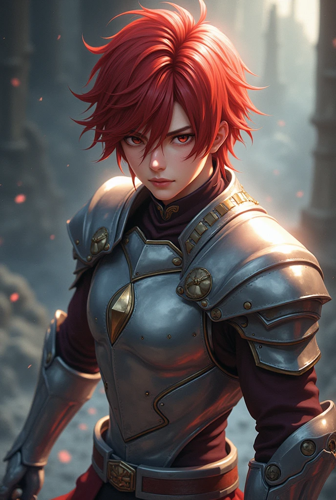 A boy in the style of Knights of the Zodiac (the lost canvas) reddish hair with bangs. attractive, handsome, muscular, with silver armor, Art image from the shoulders up, sexy, sexy fighting pose