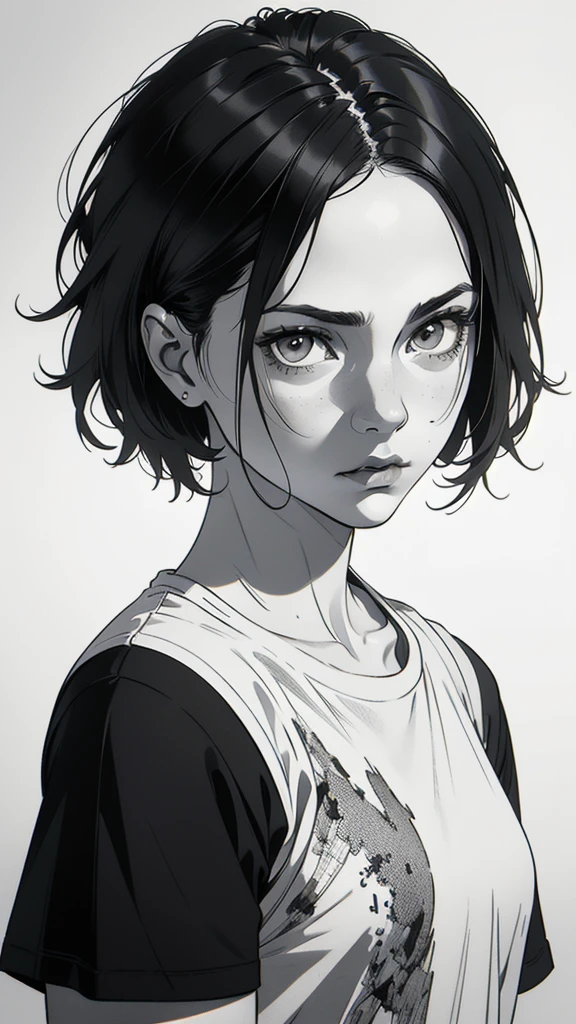 1 boyish girl, solo, sharp eyes, expressionless, monochrome, greyscale, short black hair, portrait, white T-shirt, closed mouth, looking at viewer, graphite \(medium\), detailed lips, hatching \(texture\), without makeup, bangs, upper body, (best illustration), (best quality), (very detailed), (masterpiece), expressionless,