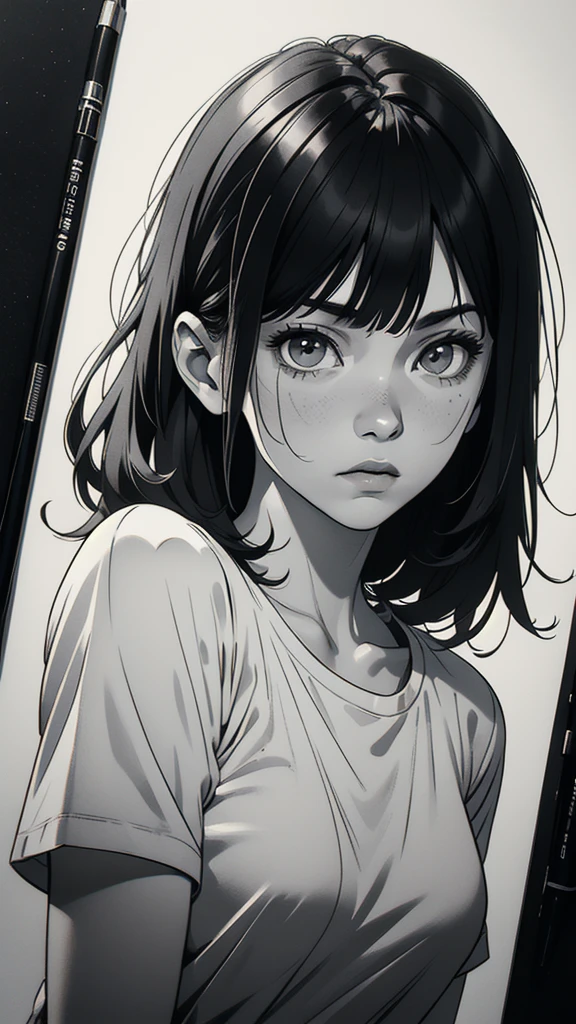 1 boyish girl, solo, sharp eyes, expressionless, monochrome, greyscale, short black hair, portrait, white T-shirt, closed mouth, looking at viewer, graphite \(medium\), detailed lips, hatching \(texture\), without makeup, bangs, upper body, (best illustration), (best quality), (very detailed), (masterpiece), expressionless,