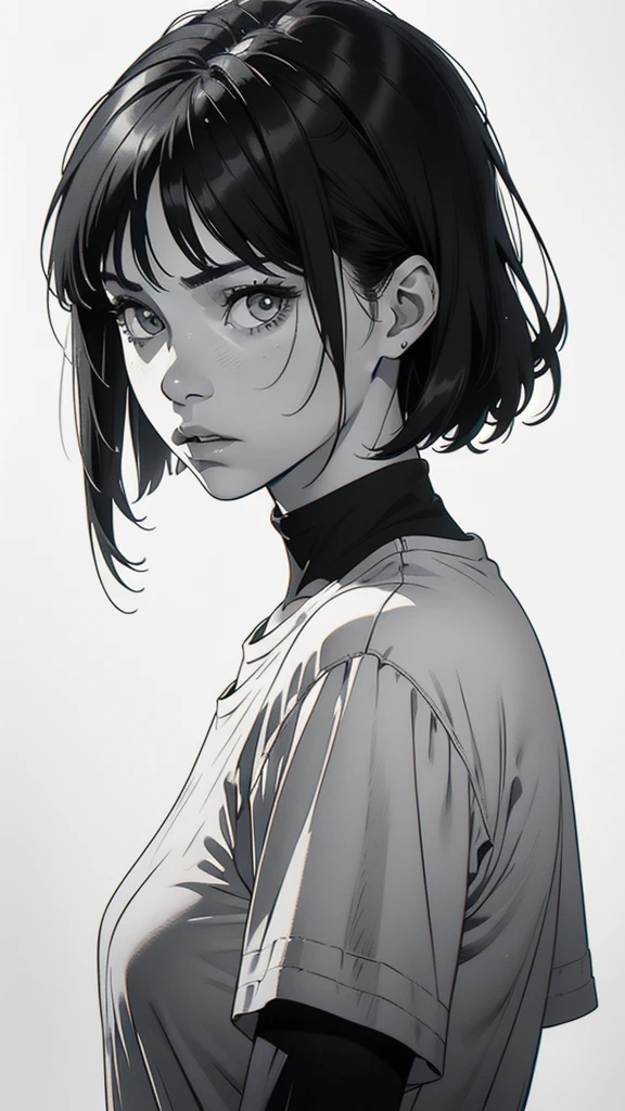 1 boyish girl, solo, sharp eyes, expressionless, monochrome, greyscale, short black hair, portrait, white T-shirt, closed mouth, looking at viewer, graphite \(medium\), detailed lips, hatching \(texture\), without makeup, bangs, upper body, (best illustration), (best quality), (very detailed), (masterpiece), expressionless,