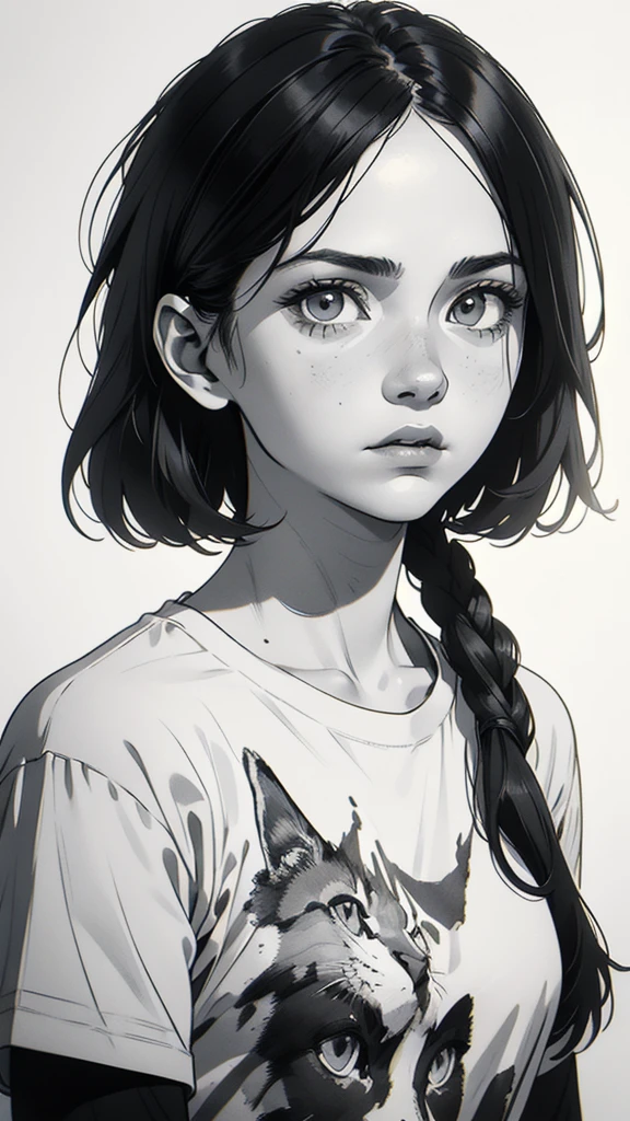 1 boyish girl, solo, sharp eyes, expressionless, monochrome, greyscale, short black hair, portrait, white T-shirt, closed mouth, looking at viewer, graphite \(medium\), detailed lips, hatching \(texture\), without makeup, bangs, upper body, (best illustration), (best quality), (very detailed), (masterpiece), expressionless,