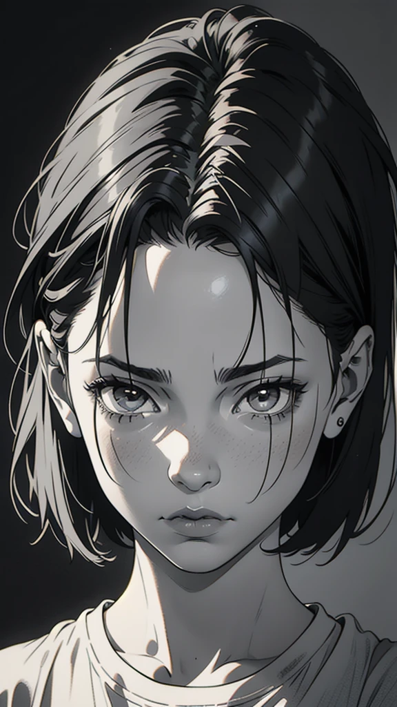 1 boyish girl, solo, sharp eyes, expressionless, monochrome, greyscale, short black hair, portrait, white T-shirt, closed mouth, looking at viewer, graphite \(medium\), detailed lips, hatching \(texture\), without makeup, bangs, upper body, (best illustration), (best quality), (very detailed), (masterpiece), expressionless,