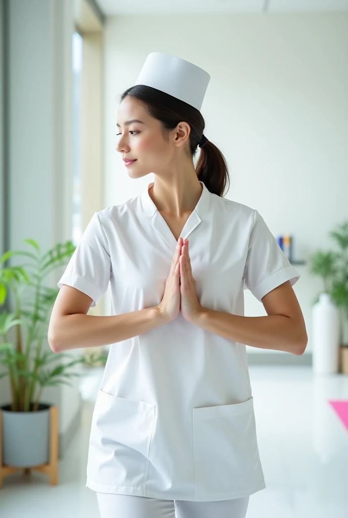 Take a photo of a nurse in a white uniform and cap exercising to de-stress 