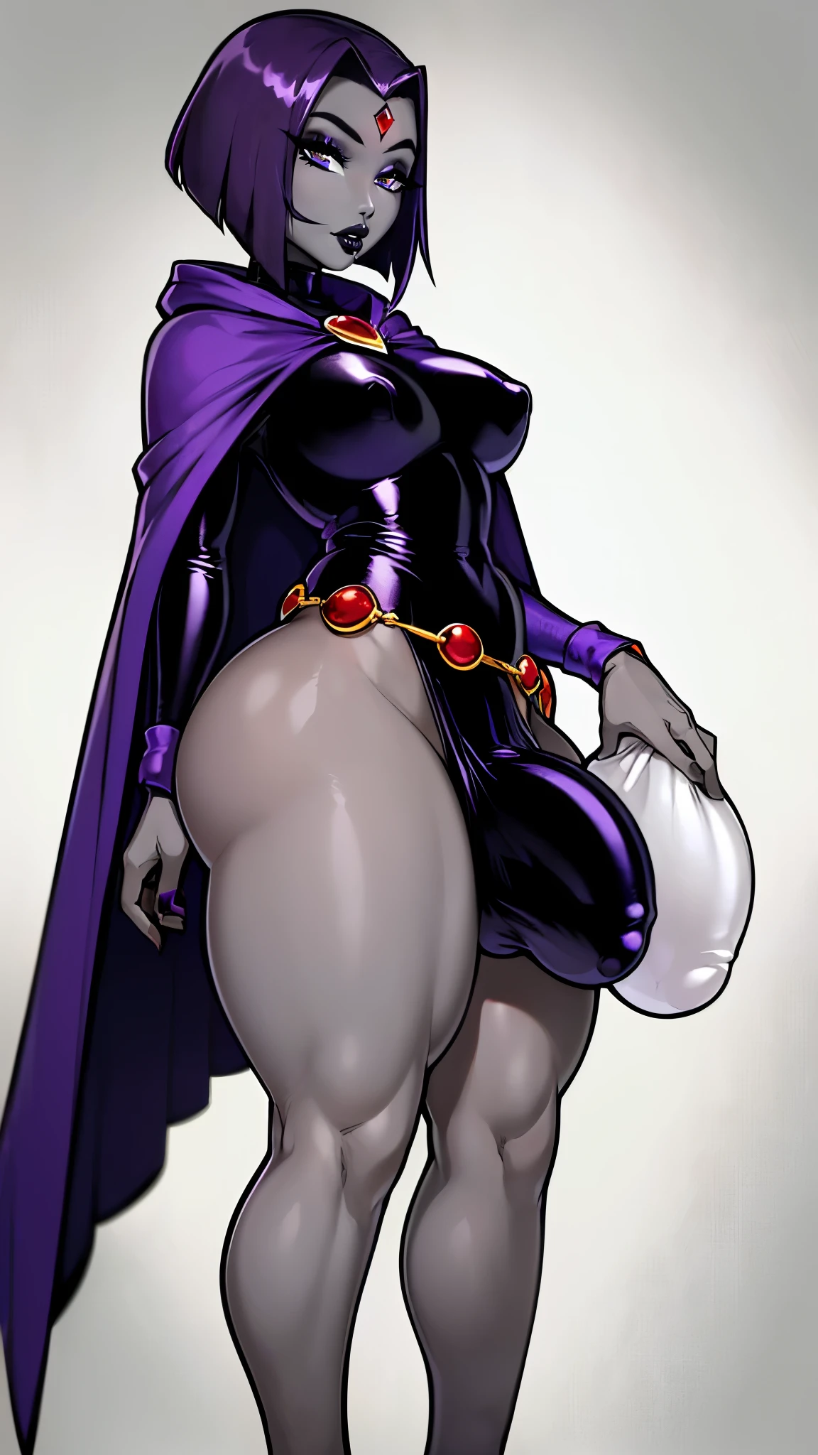 (solo:1.1),(masterpiece), (best quality:1.3),, (ultra detailed), (intricate), professional art, digital art, absurdres, shadraven, (far away view:1.1), 1girl, solo, (grey skin:1.4), dark purple hair, bob hair, dark purple eyes, hips wider than shoulders, pear shaped body, jewellery, detailed thighs, (thick thighs:1.3), red jewel in forehead, jewels, (long sleeved turtleneck leotard:1.4), (Red jewel Belt), (red jewel brooch:1.3), cuffs, small breasts, nipple bulge, (raven long dark purple hooded cape), (Shadraven brooch:1.2), Shadraven jewel belt, Shadraven wearing a long sleeved leotard with a hooded cape and fingerless glovess, (long legs:1.3), (detailed bulgeJ8 crotch bulge:1.4),(large testicle bulge:1.3), huge penis bulge, huge testicle bulge, ( frontal view),(bubble butt) , gluteal crease, universal lighting,(Detailed ass), black-lipstick, beestung lips, Black-eyeshadow, (proportionately sized head),