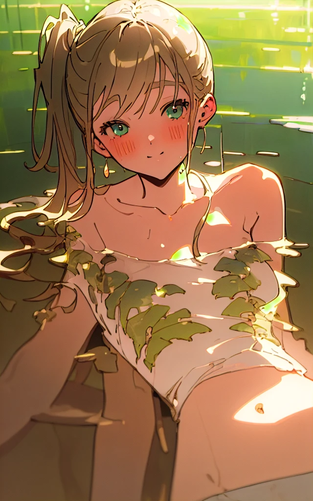 ((masterpiece)), (((best quality))), ((ultra-detailed)), ((illustration)), (detailed light:1.21), realism light effect,
1girl, solo,Flax hair,side ponytail,(beautiful_detailed_hair),green eyes, (beautiful_detailed_eyes),
upper body,navel, flower, wet, medium breasts,
water, blush, smile, collarbone,
bathing, looking at viewer,partially submerged,