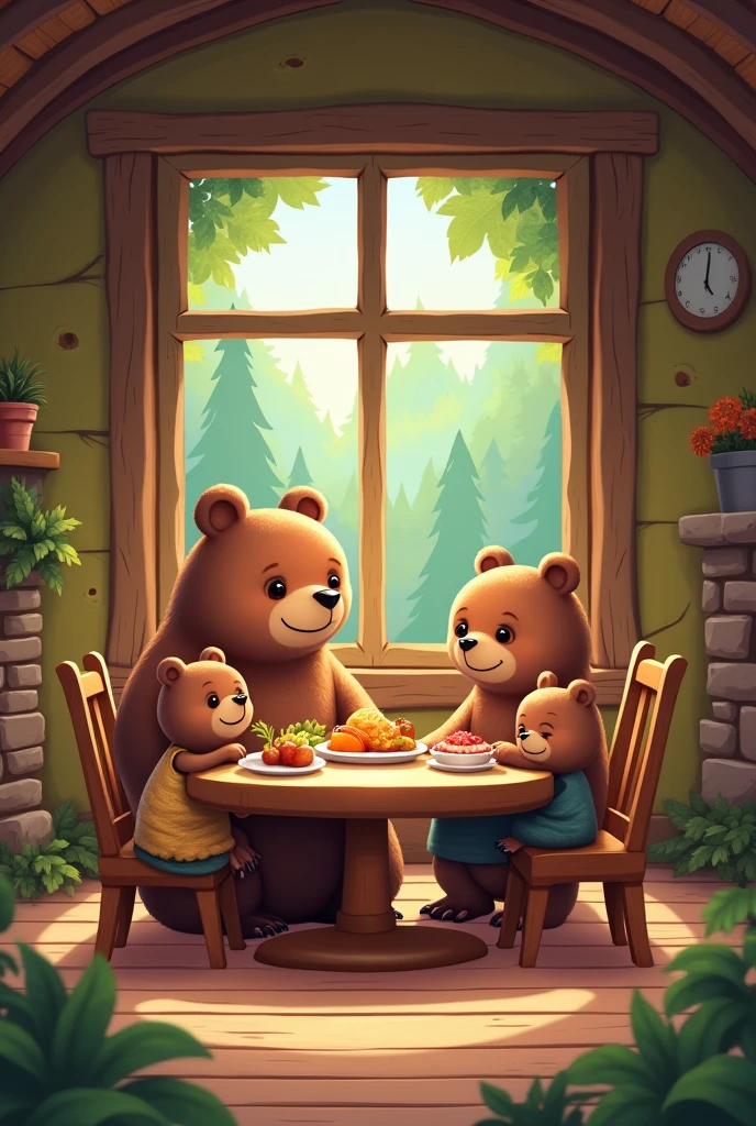 Create a cartoon where there is a bear family at a table in their little forest house. 
