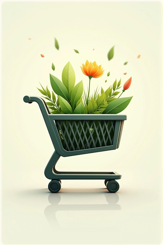 Create a logo with the following characteristics: Stylized Shopping Cart: Modernize the cart with slimmer lines and smooth curves for a sleeker look.
   World with Natural Details: Integrate natural elements into the world, like leaves, petals or water drops, to symbolize health and beauty The world must be inside the shopping cart