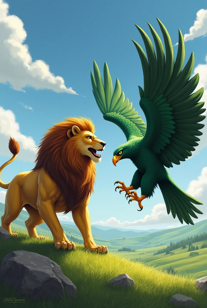 Yellow lion facing a green eagle 