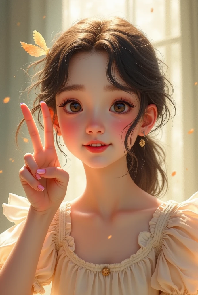 A cute beautiful girl points her finger up to continue the text &quot;Continue ⬆️&quot;