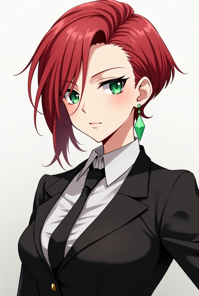 (masterpiece, Best Quality:1.2), Bazett, fgo, 1 woman, 30 years, Alone, short hair, Red hair, hits, green eyes, big breasts, black gloves, Suit, tie, jacket, Upper part of the body, anime earrings