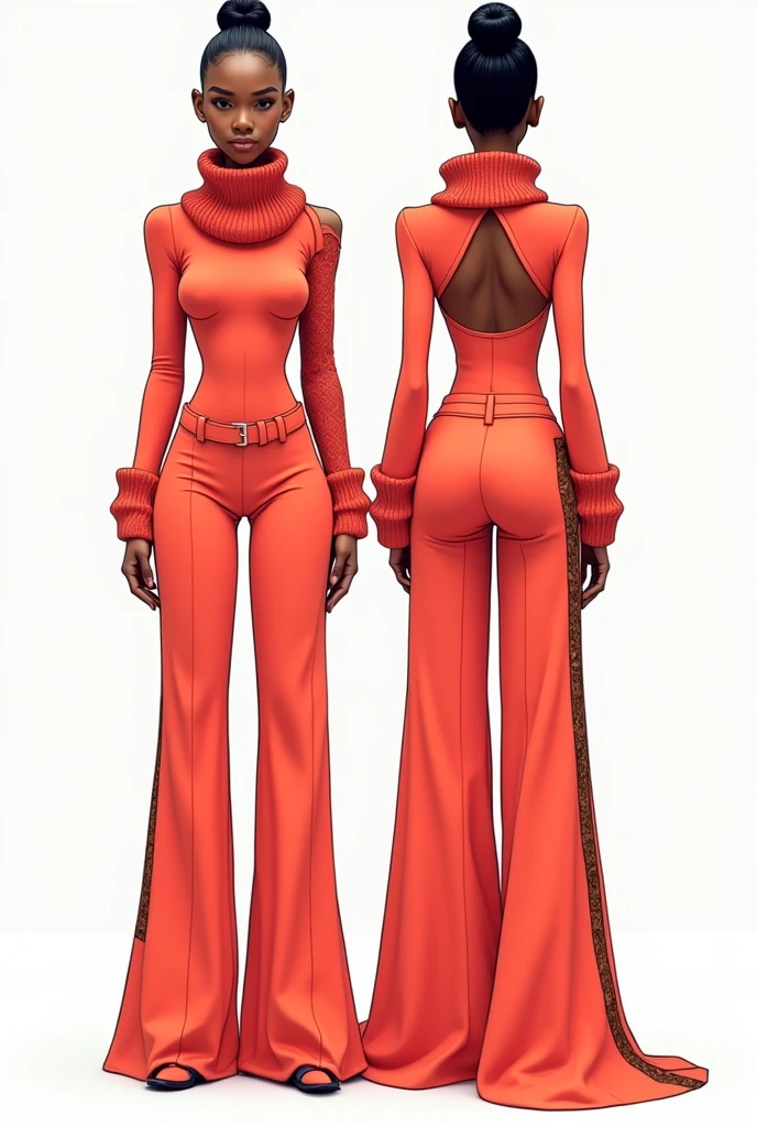 Make a sketch (from the front and back view) Mandatory showing the two fashionable views of an outfit with the following characteristics on the front and back of the outfit: Body: Design a fitted bodysuit with the following features:

Long bishop sleeves that adjust at the cuffs. with covered shoulders Chunky cowl neck Knitted fabric in vibrant coral tone: Make sure the color is bright and eye-catching.
Pants: Design a wide leg pant with:

High crossed waistband: The waistband should be high and crossed in the front to give it a distinctive style..
Stretchy barbie screen: The material should be flexible and fit the body without being too tight..
Details of backstrap loom: Add handcrafted details to the sides of the pants, using weaving techniques to highlight the connection with the traditional.
Combination: Make sure that the bodysuit and coral pants complement each other and that the loom details blend harmoniously with the rest of the design.. A drawing of the front and another of the back.