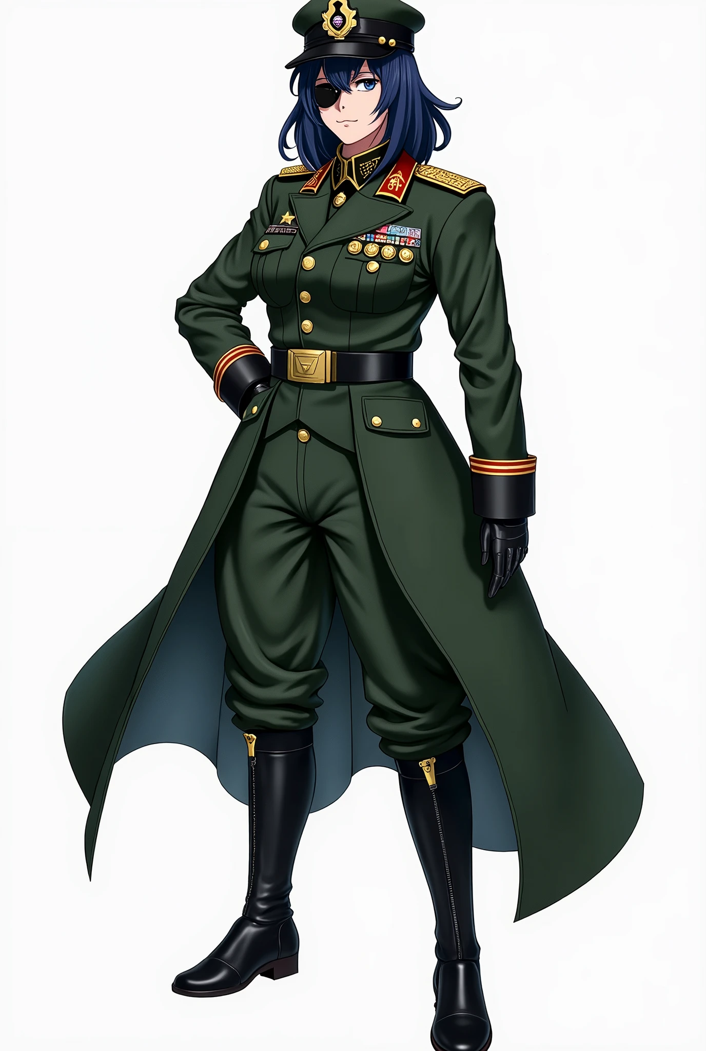 Create a full body PNG of a woman in a dark green General's outfit, has dark blue hair and is wearing a beret hat the same color as the outfit, wears black boots and has a black eye patch over his right eye on his face.