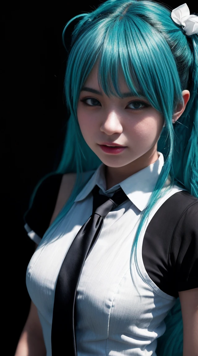 Genius cosplayer girl of Hatsune Miku, intricate detail Highly Detailed Eyes, Faded, Japanese high school white sailor suit, blue tie, black arm cover, 16K resolution, RAW, Nikon Z9, Creative, Masterpiece, Fantasy, High Definition, High Quality, 8k, Realistic, Dramatic Lighting, Soft Focus, Digital Illustration, Intricate Mechanics, Advanced Techniques, Dark Background Cinematic, High Contrast, High Contrast Atmosphere, (Best Quality, 4k, 8k, High Definition, Masterpiece: 1. 2), Ultra-Detailed, (Realistic, Graphic, Photorealistic: 1. 4) -- No Glass --AR 16:9 --Stylize 1000