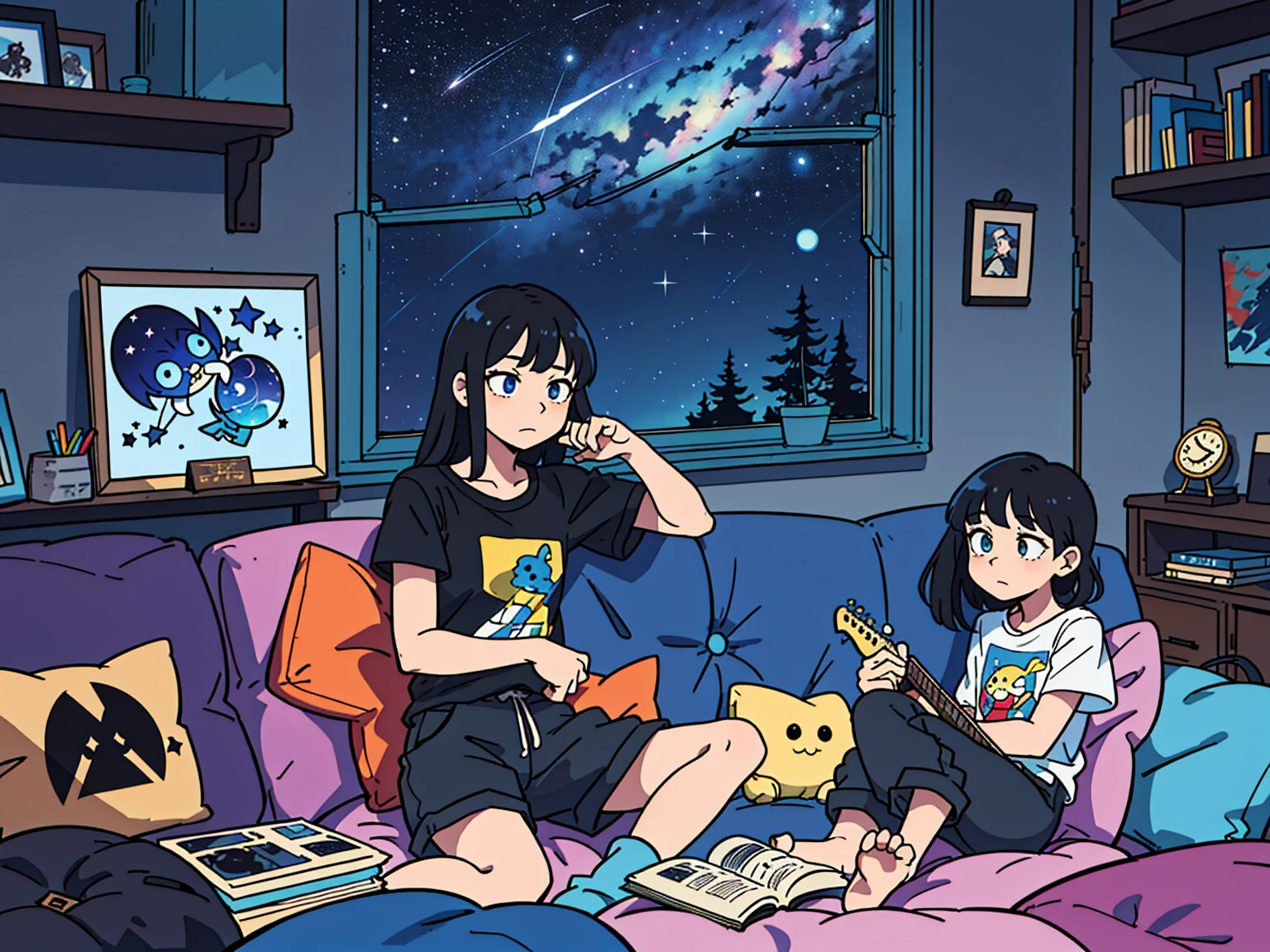 Super detailed:1.3, (Absurd, texture, masterpiece), pixiv Contest Winner, John Berkey, Dynamic cartoon style illustration,Oversized T-shirt、stand lighting、Colored pencil style、Long black hair、play the guitar、sofa、kitten、Night Sky、Room with a window、High precision、detailed、８K,Sitting with legs crossed, Starry sky inner hair,Dark aesthetic,Euphoric,Black shorts,Beautiful woman,Old alley background, Dozing off,Crayon colored Zentangle,overview,Anime key visual,