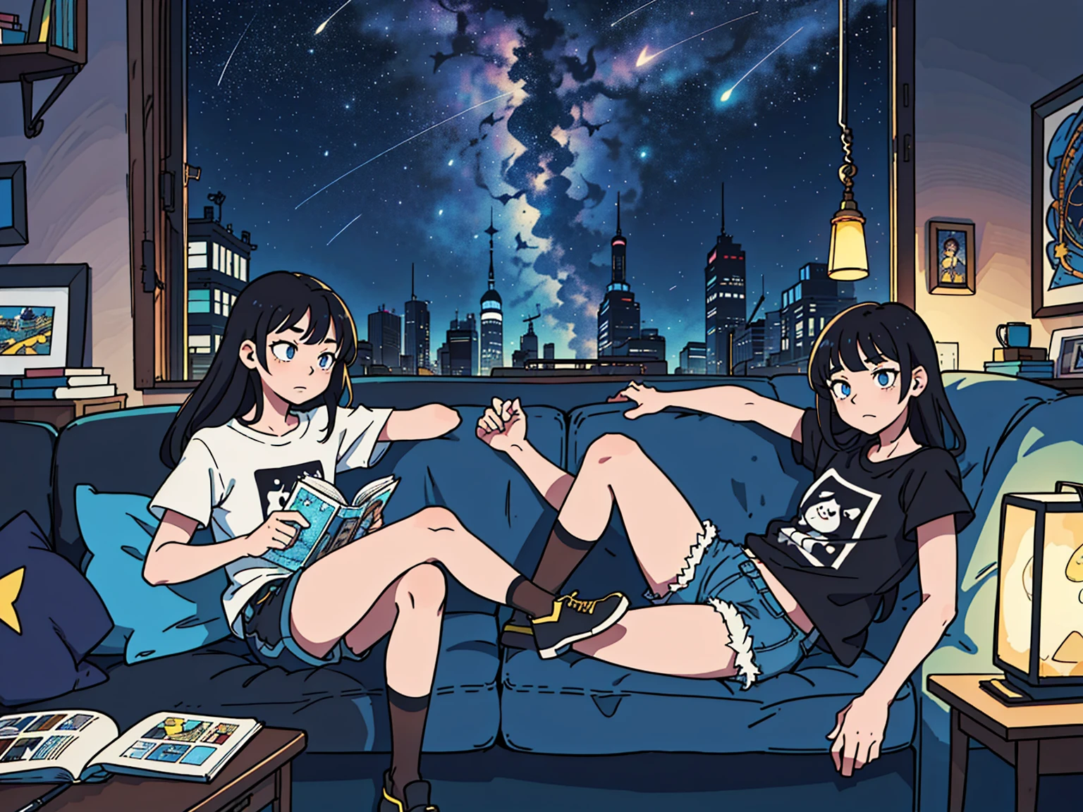 Super detailed:1.3, (Absurd, texture, masterpiece), pixiv Contest Winner, John Berkey, Dynamic cartoon style illustration,Oversized T-shirt、stand lighting、Colored pencil style、Long black hair、play the guitar、sofa、kitten、Night Sky、Room with a window、High precision、detailed、8K,Sitting with legs crossed, Starry sky inner hair,Dark aesthetic,Euphoric,Black shorts,Beautiful woman,Old alley background, Dozing off,Crayon colored Zentangle,overview,Anime key visual,