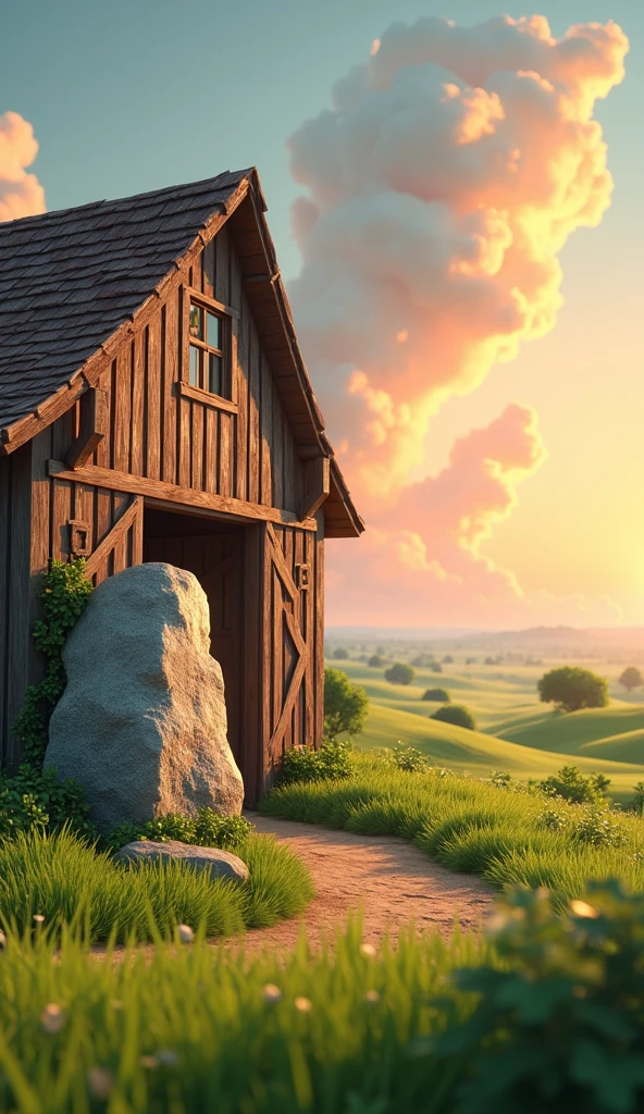 Draw a large stone at the entrance to a farm barn. The farm should be picturesque and detailed, with green fields and a sunrise sky with soft orange and pink tones, in a 3D animated style.