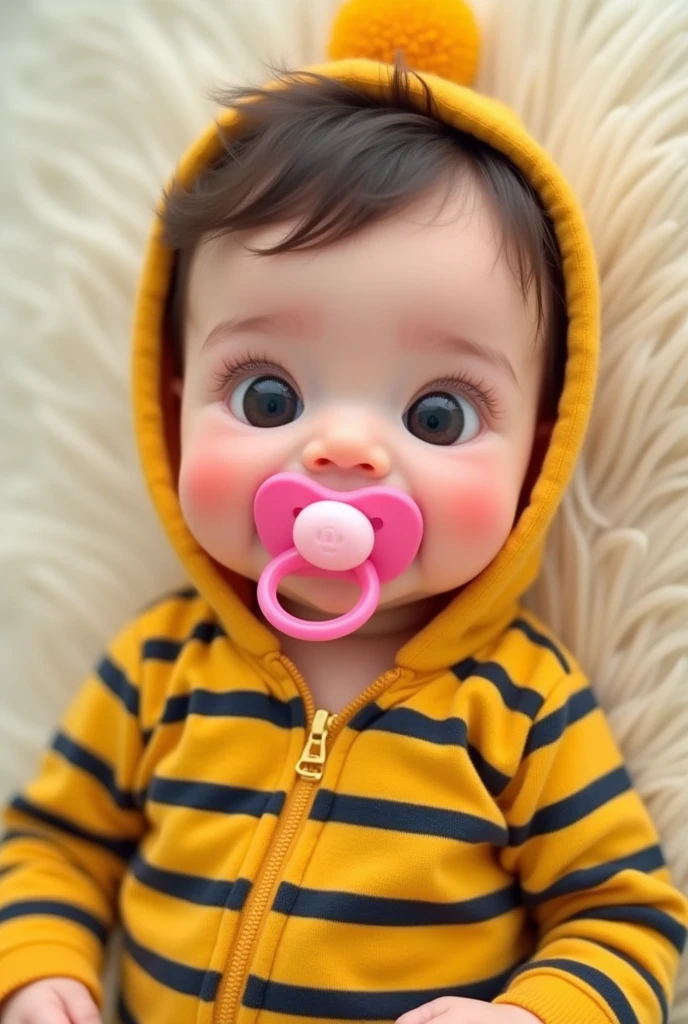  in yellow and black striped bodysuit with pink pacifier 
