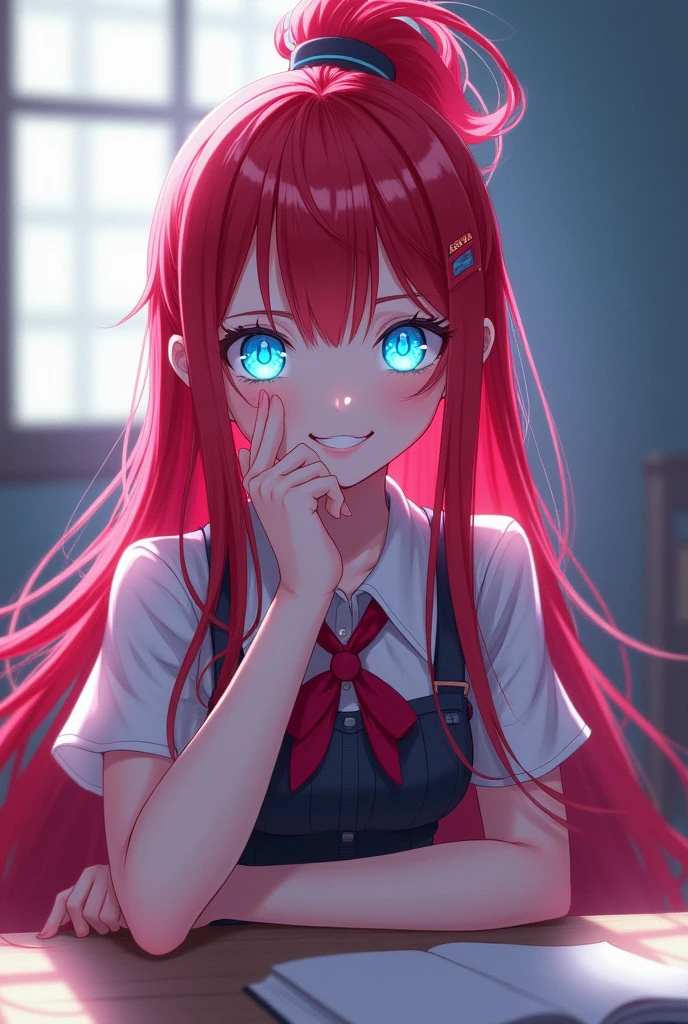 A girl in the UA school uniform, her skin white, her hair white, red bangs long hair and half red ponytail sitting at her desk with a radiant smile her phosphorescent blue eyes