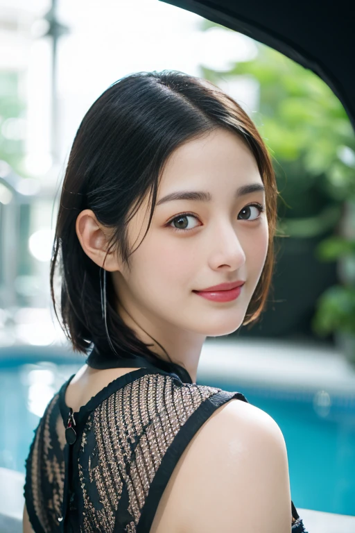 a Close-up portrait of gorgeous smiling cute Japanese woman in a glamorous Fishnet dress outfit, delicate facial features, porcelain-skinned, ponytail, a fusion of young Marion Cotillard's striking eyes and young Anne Hathaway's introspective gaze, long and slender cute face, curved eyebrows, droopy hooded eyes, lower nasal bridge, slim wavy nose, smiling, thin lips, short pixie cut hair, silhouette, bokeh, skylight atrium pool background, depth of field, photo, film,